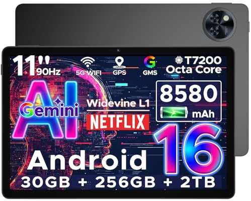 DOOGEE U11 Pro 2026 Newest Android 16 Tablet 11 Inch, Gemini AI Android Tablets Octa-Core 30GB RAM 256GB ROM(TF 2TB), 8580mAh Battery, 3.5mm Jack | Widevine L1 | 5G WiFi | 13MP+5MP | GPS | OTG, Black