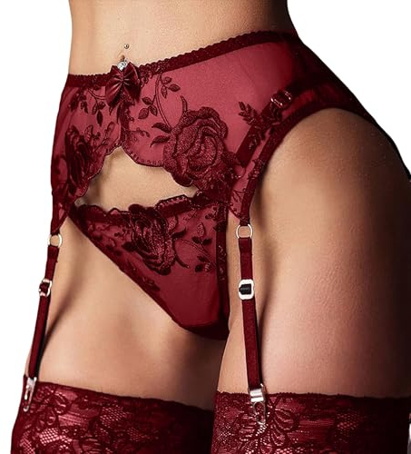 NewBull Women’s Sexy Lace Suspenders Garter Belt for Stockings Flower Embroidery Suspender Sets with 4 Adjustable Straps Transparent Lingerie with Thongs G-String Black/White (Deep Red)