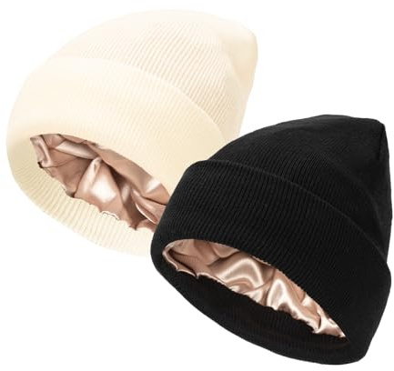 Bafiwu Bonnet d'hiver Doublé en Satin, Bonnet Tricoté Chaud pour Homme et Femme, Bonnet Souple pour Cheveux