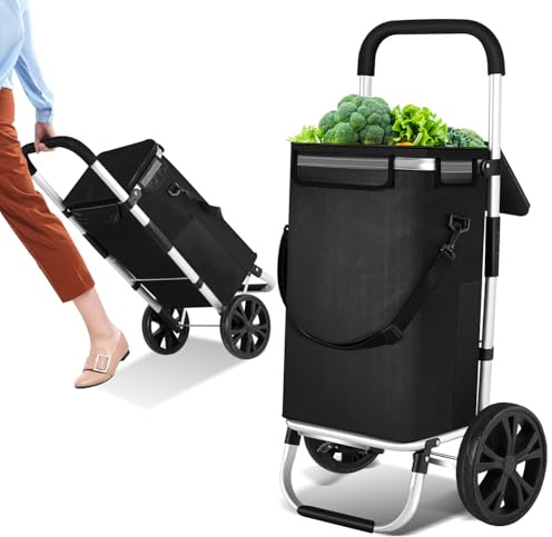 Hebitod Shoppingvagn hopfällbar med kylfack, 40 l kapacitet och 40 kg lastkapacitet | shoppingvagn med vikbar ram, avtagbar väska och axelbärsfunktion | robust handvagn för shopping, svart