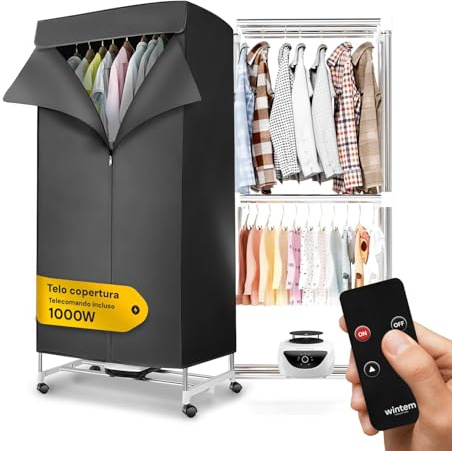 Asciugabiancheria Asciugatrice ad Aria Rettangolare 1000W con Timer 4 Ore, Telo di Copertura e Telecomando, Multiuso come Stendibiancheria Elettrico e Armadio Portatile fino a 15-20KG di Bucato