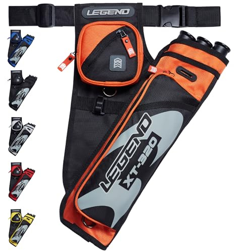 Legend XT320 Archery Quivers - Left Handed Nylon Hip Quivers with 3 Arrow Tube Cases for Target Shooting - Adjustable Waist Belt, T-Slot, Compartments for Accessories, Tools, Release Tab - Orange