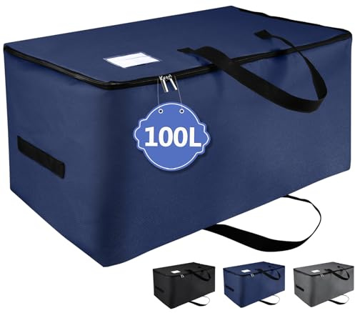 IHOMAGIC 100L Bolsas de Almacenaje Grande Plegable Almacenamiento Debajo de la Cama Bolsa de Viaje con Cremallera y Asas, Tela Oxford Impermeable, para Ropa Edredón Almohadas, Azul Oscuro