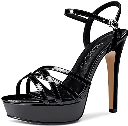 NobleOnly Donna Sandali Plateau Cinturino alla Caviglia Fibbia Slingback Tacco a Spillo 13CM High Heels Nero Scarpe EU43
