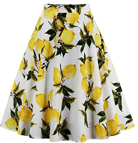 Damen Fruchtdruck Zitronenkleid Baumwolle Knee Swing 50er Jahre Vintage Bottom Plissee Rock, Weiße Zitrone., 44