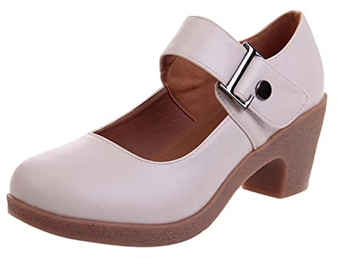 2023 New Womens Closed Toe Mary Jane PU Leather Round Toe Retro Mary Jane Pumps Low Heels Office Work Mary Jane Pump UK Size 5 1_Khaki