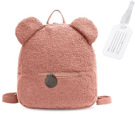 1 Mochila con Orejas De Oso Rosa, 1 Etiqueta Colgante Blanca, Mochila para Niños Pequeños, Mini Mochila para Niños, Mochila Escolar para Niños