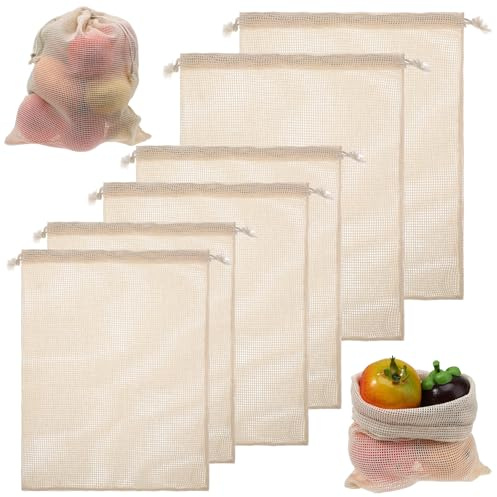 TIESOME Bolsas de malla reutilizables, 6 unidades, 3 tamaños, algodón, lavables, duraderas, con cordón, resistente, transparente, para comestibles de verduras (2L, 2M, 2S)