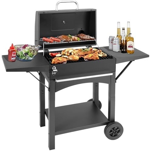 Holzkohlegrill Groß mit Deckel und Gusseisen Grillrost – Edelstahl Grillwagen für Outdoor Garten, Camping BBQ & Smoker