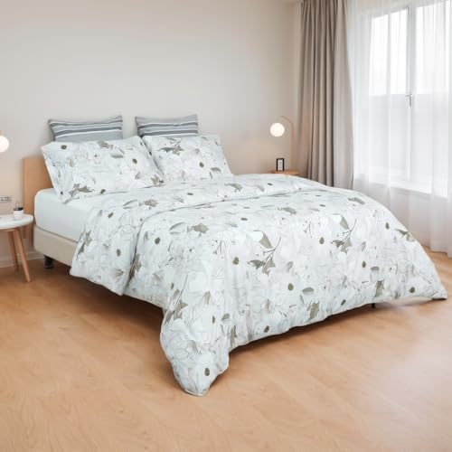 Etrexonline Juego de Funda Nórdica 4 Piezas Cama 150 Microfibra Extra Suave Transpirable - 1 Funda Edredón 240x220 cm, 1 Bajera 150x200 cm y 2 Fundas de Almohada 50x90 cm (Bouquet Gris)