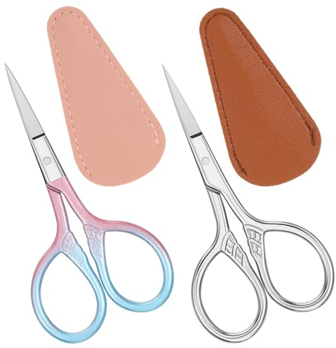 Xinjoduz Set di 2 forbici per barba da uomo, in acciaio inox, con custodia in poliuretano, per barba, sopracciglia, peli del naso e rendering del viso (argento e blu/rosa)