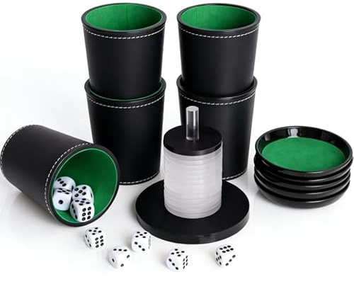 Connextion Lot de 5 gobelets en cuir avec couvercle, 25 dés, couverts à choc avec 14 disques en acrylique et support, jeu de dés pour mortier Jule Meiern Maxen