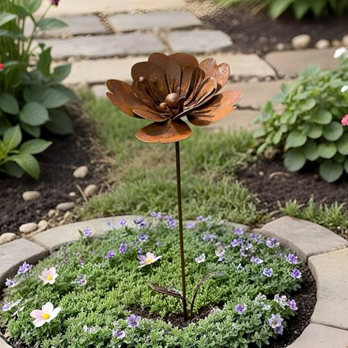 Set di decorazioni da giardino in ruggine per decorazione da giardino arrugginita, in acciaio corten, decorazione da giardino in metallo arrugginito, fiore di papavero, spina per aiuole, spina da