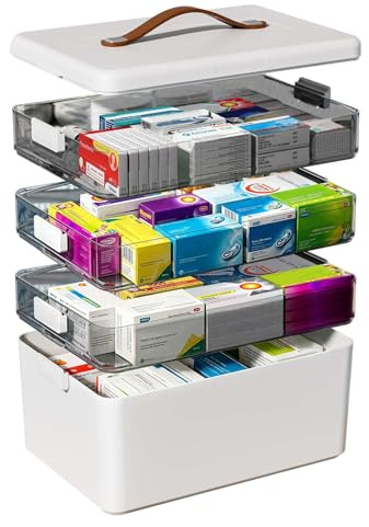Svkiyang 4-lagers medicinlåda, bärbart multifunktionellt hem apotek med ljusskyddande halvtransparent design, medicinlåda för mediciner, kosmetika, leksaker, verktyg och små delar