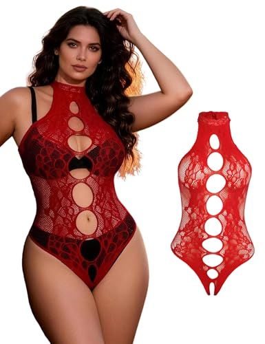ohyeahlady Body Mujer Sexy Abierto Rejilla Talla Grande Bodies Encaje Vestir Fiesta Ropa Interior de Dormir Lenceria Mallas Bodysuit Sin Manga Lencería Curvy Cómodos Rosa,L-XXL