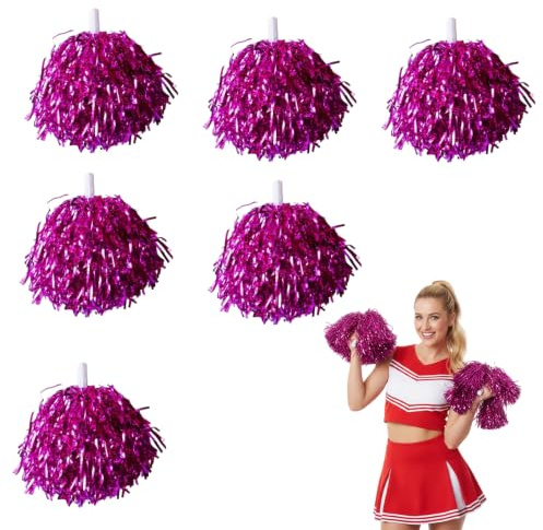 6 Pack Pom Poms, Rose Red Pom Poms Cheerleading, Fluffy Cheerleader Pom Poms, Portable Pink Pom Poms for Sports Dance Party Celebration