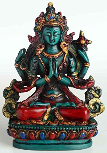 BUDDHAFIGUREN/Billy Held Chenrezig tibetischer Buddha und Schutzheiliger Tibets 11 cm hoch aus Giesharz türkis bemalt Figur Handarbeit aus Nepal