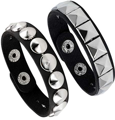 Mafnee 2Pack Punk Goth Bracelet for Man Women Leather Spike Rivet Metal Studded Wristbang Black