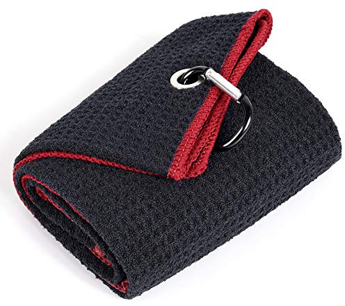 Mile High Life Tri-Falt Golf Handtuch | Premium Mikrofasermaterial | Waffelmuster | mit robustem Karabinerhaken | Golfhandtuch für Männer und Frauen | 40x60 cm