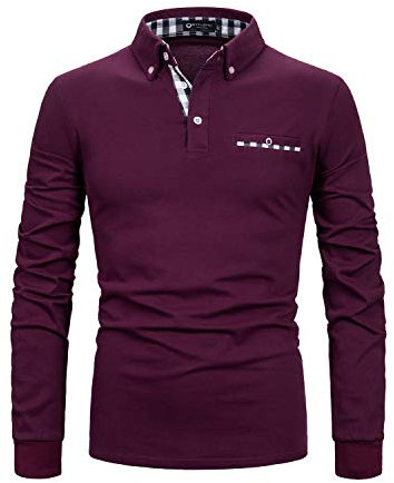 STTLZMC Mens Long Sleeve Polo Shirts Plaid Collar Basic Casual T-Shirt #23 Wine Red XL