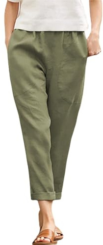 Langwyqu Womens Casual Cotton Tapered Capri Cargo Pants Loose Elastic Waist Ankle Cropped Trouser with Pockets