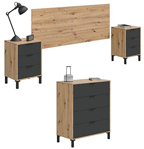 Mobelcenter, Conjunto Dormitorio Matrimonio Enzo, Color Roble Nodi y Gris Antracita, Cabezal para Camas de 135 y 150 cm, 2 Mesitas 3 cajones y Cómoda 4 cajones (1327, 1328)