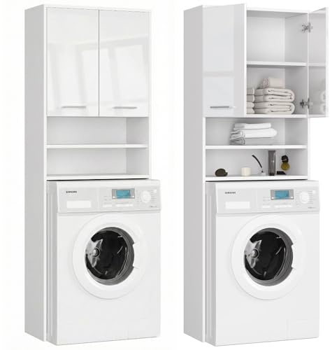 Home Collective Waschmaschinenschrank 64x30x180cm, Badezimmer Hochschrank, mit 2 Türen und 4 Regalen Badschrank Badregal Flur weiß Hochglanz
