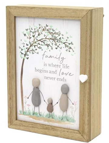 Pebble Family Key Box | Shabby Chic Wooden Family Tree Key Cabinet | Wall Mounted Key Cupboard With 6 Key Hooks Key Holder - 19x26cm