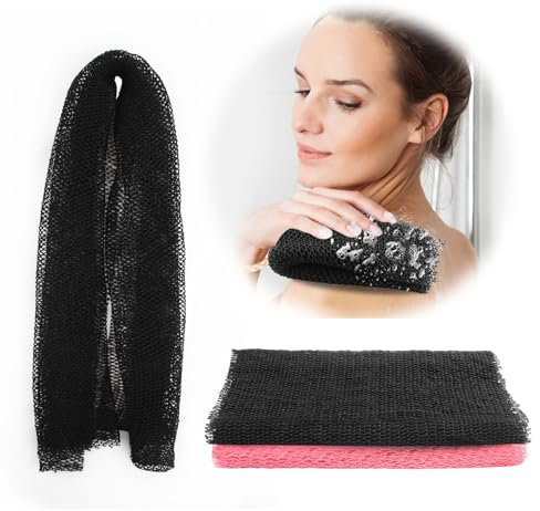 QOPAHI Knotted African Net Sponge, Stretchable African Exfoliating Net with Knots, African Wash Cloth Body Shower Scrubber Nylon Back Scrubber Bath Sponge, Stretch Length to 170cm(Black+Pink)