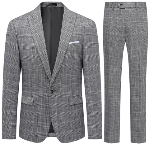 Allthemen Costumes Hommes à Carreaux 2 pièces Slim Fit Business 2 Boutons Smoking Classique élégant Gris XXL