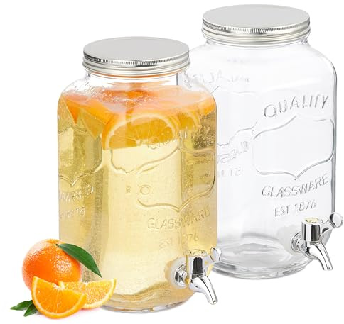 Relaxdays 2 Dispenser in Vetro per Bevande, Erogatore 3,5 L con Rubinetto e Coperchio, Distributore Acqua, Bibite, Drink