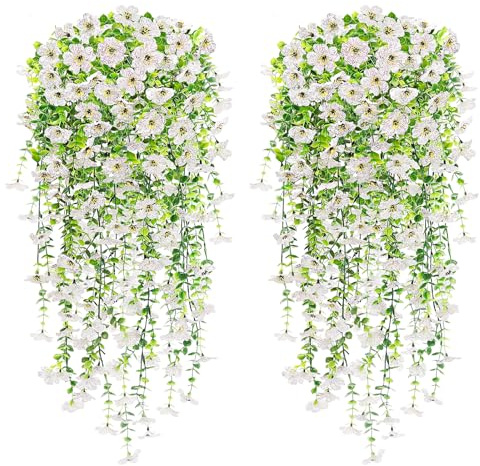 YSUVIN Fiore Artificiale Appesi, 4 Pezzi Fiore Artificiale da Esterno, 76CM Simulazione Pianta Appesa, Balcone Esterno Giardino Patio Matrimonio Fiori-Finti per Decorazioni Appeso, Bianco