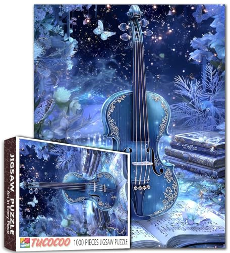 Casse-tête violon de 1 000 pièces pour adultes - Instrument de musique pour adultes - Puzzle pour jeux d'activités familiales et fleurs bleues - Puzzle pour décoration d'intérieur - Cadeaux uniques