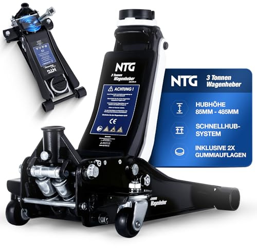 NTG Cric hydraulique 3T - Charge maximale : 85 à 485 mm - Avec 2 patins en caoutchouc - Pour SUV et voitures surbaissées - Double piston - 3000 kg - Avec support magnétique et levage rapide