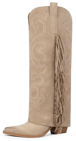 QIY Knee High Boots for Women Cowboy Suede Beige Cowgirl Boots with Tassels Fold Over Pointy Toe Chunky Block High Heel Tall Western Fringe Boot for Women Embroidery Shark Boot Size 8