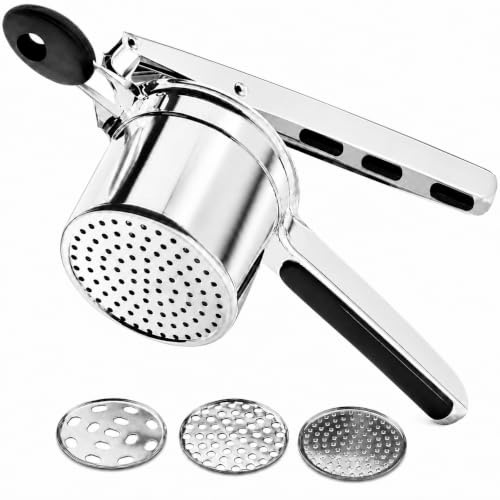 Potato Ricer, Large Stainless Steel Potato Masher 3 Interchangeable Discs | Heavy-Duty Premium Potato Press Smooth, Fluffy Mashed Potatoes with Less Mess; Dishwasher Safe