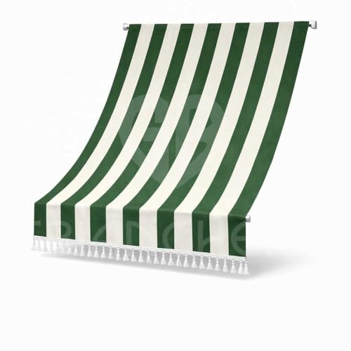Tenda da Sole Balcone 140x250 o 140x300 cm con Frangia – Telo Ombreggiante per Terrazzo e Finestre – Tessuto Resistente con Ganci Inclusi – Vari Colori (Verde Rigato, 140x300 cm)