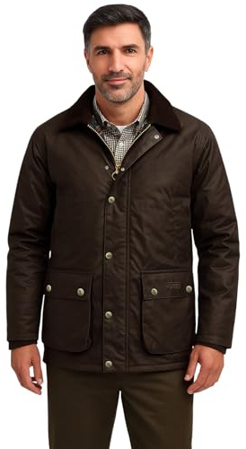Game Technical Apparel Mens Barker Wax Jacket with Detachable Hood & Tartan Linning (L, Brown)
