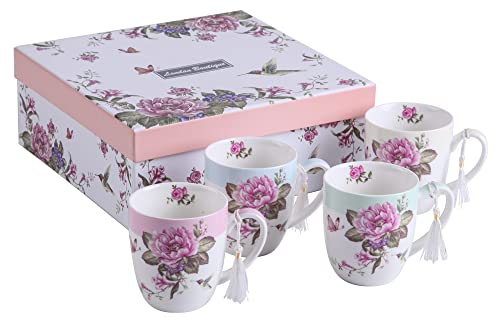Tea Coffee Cup Mug Set 4 Ceramic Porcelain Bird Rose Butterfly Shabby Chic Design in Gift Box 330ML (1 Set)