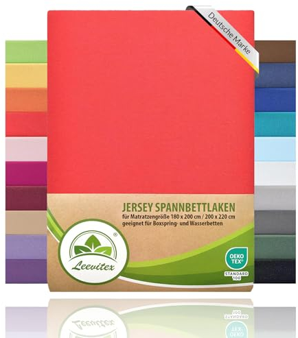 Boxspringbett & Wasserbett Spannbettlaken von leevitex® | Spannbetttuch | ÖKO-TEX | 180x200 – 200x220 cm | 100% Jersey-Baumwolle | 150 g/m² | 40 cm Steg | Rot/Signalrot
