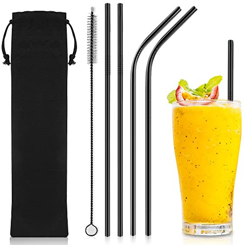 iShop Reusable Stainless Steel Straws Set of 4 Black – Metal Drinking Straws with Cleaning Brush & Velvet Pouch – Dishwasher Safe, BPA-Free, Perfect for Smoothies, Iced Coffee, Juice & Cocktails