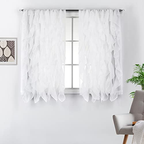 DiamondHome Decorative Sheer Vertical Ruffle Waterfall Window Treatment Curtain Drape Set (White, 2 Panel 50 X 45)