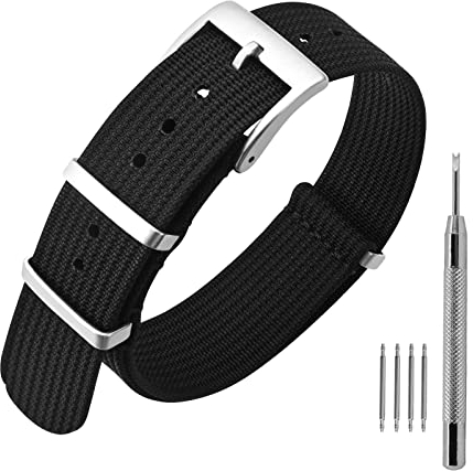 ANNEFIT Nylon Watch Strap 20mm, One-Piece Waterproof Military Watch Band with Heavy Silver Buckle (Black)