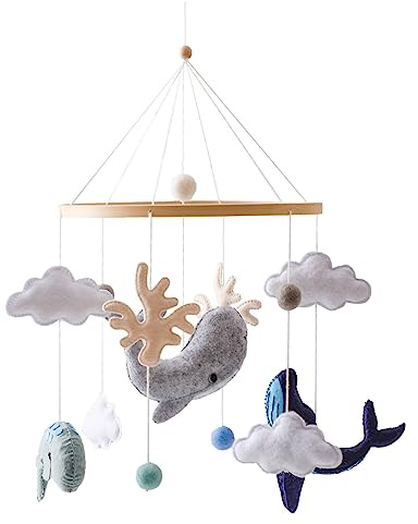 Sarah Duke Baby Mobile Halterung Holz, Mobile Halterung für Babybett Wickeltisch 360 Grad Drehbar Höhe Einstellbar, Wolken Baby Mobile Halterung für Geburt Geschenk Kinder (Meerestiere-Wolken)