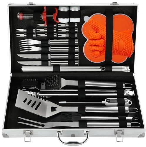 N NOBLE FAMILY 30Pcs Set Barbacoa de Acero Inoxidable Herramientas Barbacoa Profesional - Utensilios Barbacoa Variado y Completo - Kit Barbacoa para Hombres Mujeres Regalo