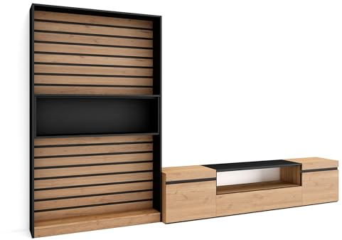 Skraut Home | Ensemble Meuble TV | Meuble Salon Complet | 310x186x35cm | pour Les TV jusqu'à 80 | Salon Complet | Style Moderne | Chêne et Noir