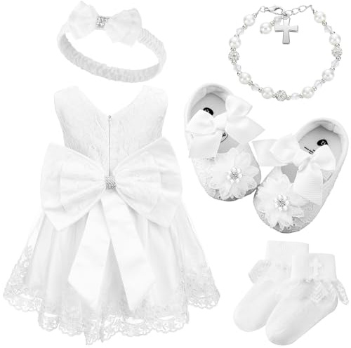 Bunnycool 5 Pcs Baby Girl Baptism Outfit Includes Lace Christening Dresses Bowknot Headwear Cross Charm Bracelet Socks Shoes(6-12 Month)