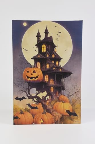 Nexos Trading LED Wandbild Beleuchtung 60x40 cm Gruselvilla mit 9 LED Fotodruck Kunstdruck Leuchtbild Halloween Batterie Timer LED Kunstdruck