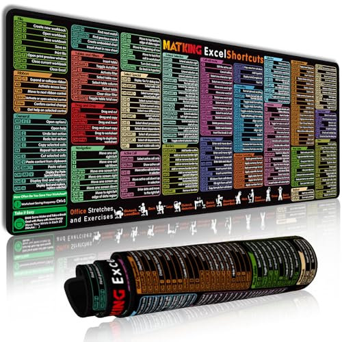 MATKING Excel Shortcuts Mouse Mat Large, XL Gaming Mouse Pad with Seamed Edges, Waterproof Computer Office Shortcuts Desk Mat with Non-Slip Rubber Base, Cheat Keyboard Mat(800x300x3 MM)