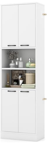 LIFEZEAL Armoire de Salle de Bain, Meuble sur Pied en Bois, 30x56x190cm, Armoire Haute avec 2 Étagères Ouvertes et 4 Portes, pour Cuisine et Salon (Blanc)